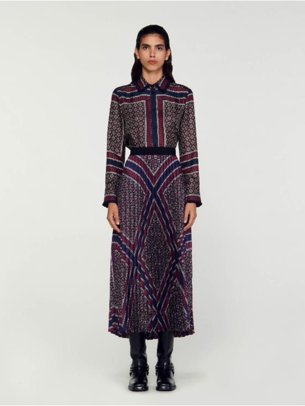 long printed pleated skirt (Jupe longue plissée imprimée)by sandro burgundy navy